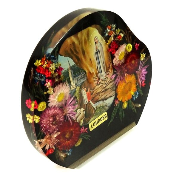 Vintage Our Lady of Lourdes Tabletop Clear Acrylic or Lucite Floral Shrine - Picture 3 of 15